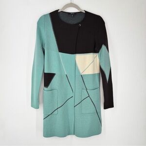 Carlisle 100% Merino Wool Duster Cardigan Turquoise Black Cream Woman Size Small